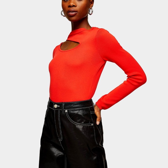 Topshop loop cut out cherry red sweater size M elegant understated dress up/down - Picture 3 of 7